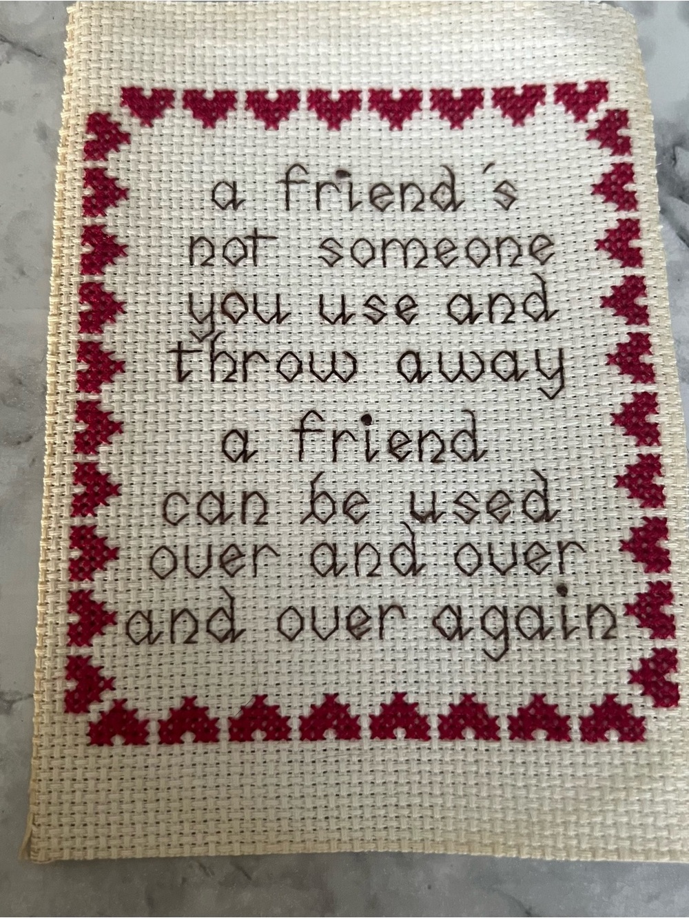 Handmade Friendship Cross-Stitch Wall Art with Red Heart Border